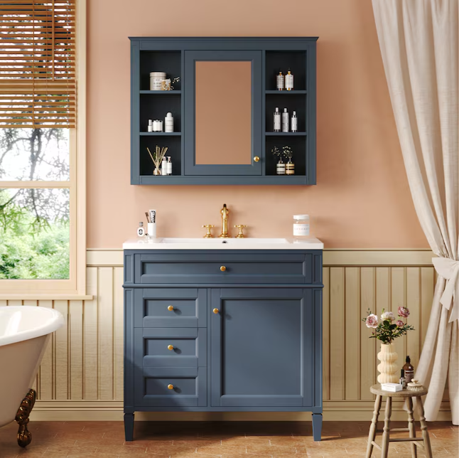Medicine Cabinet 35-in x 27.5-in Surface Mount Navy Blue Mirrored Medicine Cabinet