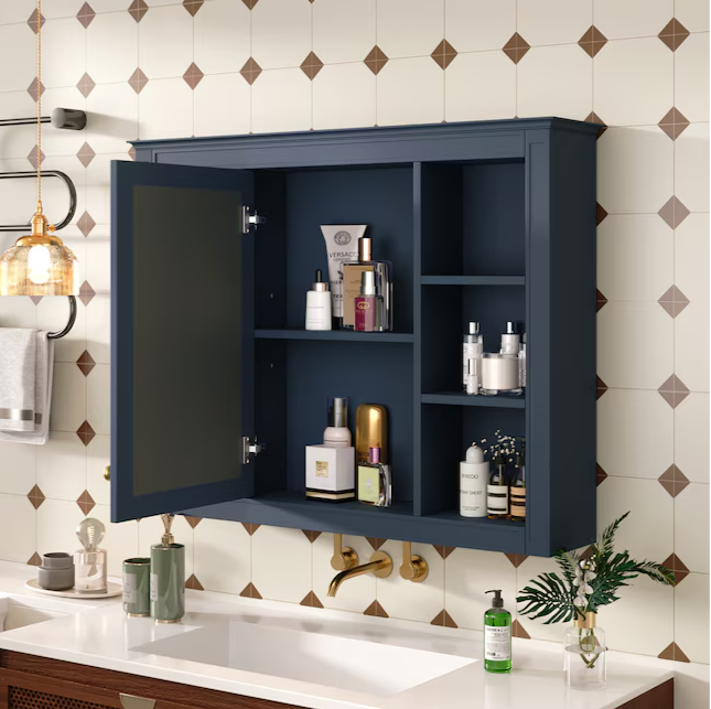Medicine Cabinet 35-in x 27.5-in Surface Mount Navy Blue Mirrored Medicine Cabinet