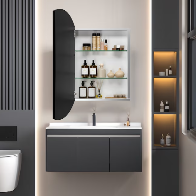 Medicine cabinet 22-in x 31-in Surface/Recessed Mount Black Mirrored Soft Close Medicine Cabinet