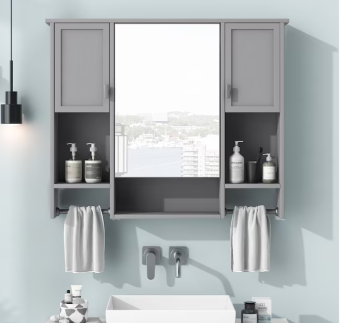 35-in x 28-in Surface Mount Grey Mirrored Soft Close Medicine Cabinet