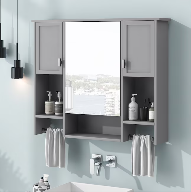 35-in x 28-in Surface Mount Grey Mirrored Soft Close Medicine Cabinet