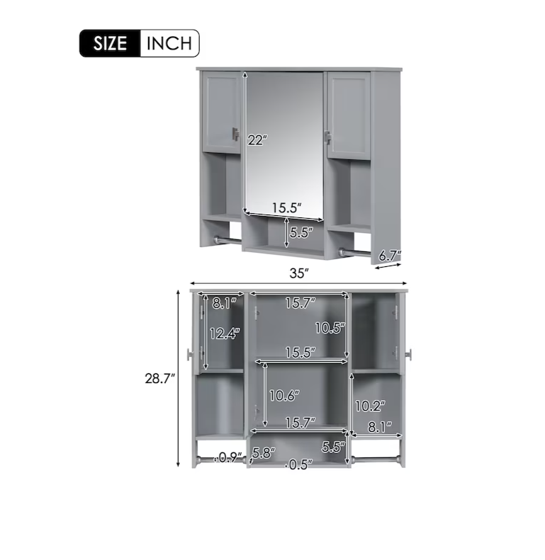 35-in x 28-in Surface Mount Grey Mirrored Soft Close Medicine Cabinet