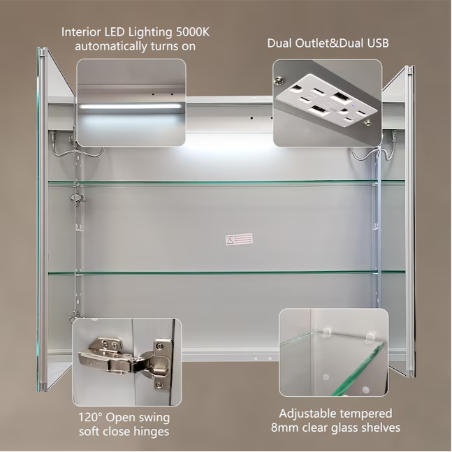 Bathroom Medcine Cabinet 36-in x 30-in Lighted LED Fog Free Surface/Recessed Mount Silver Soft Close Medicine Cabinet