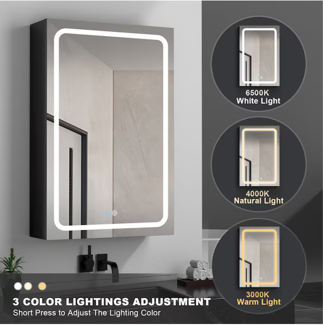30-in x 20-in LED Fog Free Surface/Recessed Mount Black Mirrored Soft Close Medicine Cabinet