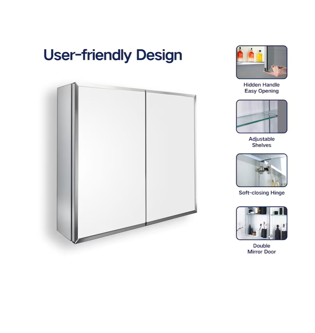 30-in x 26-in Surface/Recessed Mount Silver Mirrored Soft Close Medicine Cabinet