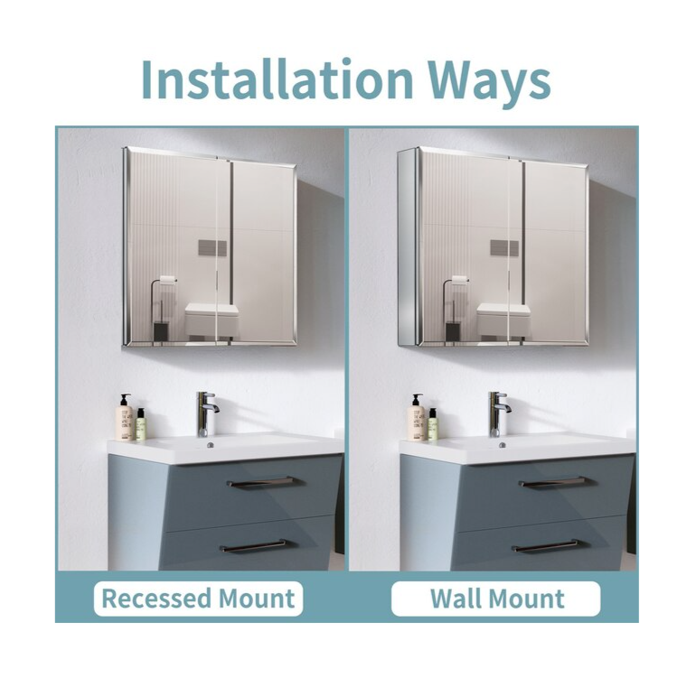 30-in x 26-in Surface/Recessed Mount Silver Mirrored Soft Close Medicine Cabinet