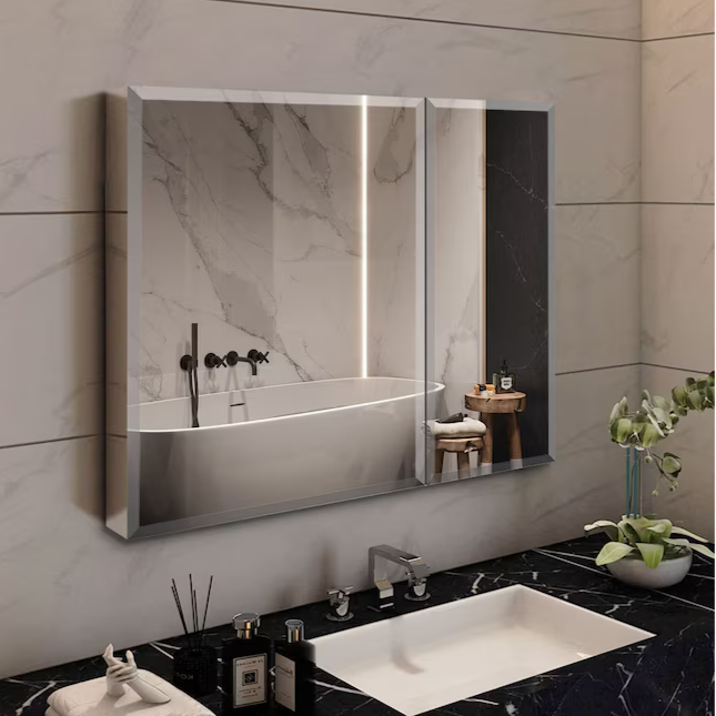 30-in x 26-in Surface/Recessed Mount Silver Mirrored Soft Close Medicine Cabinet