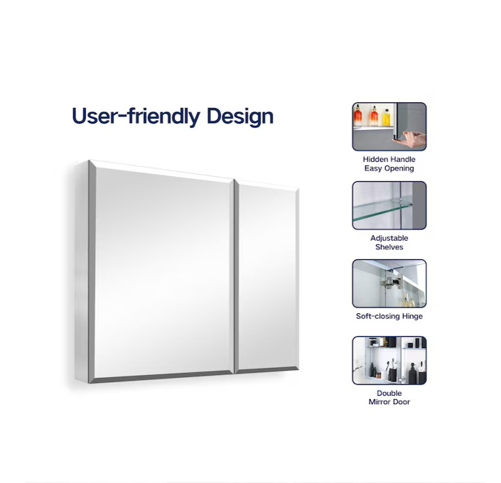 30-in x 26-in Surface/Recessed Mount Silver Mirrored Soft Close Medicine Cabinet