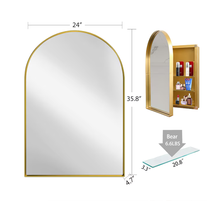 Medicine Cabinets 24-in x 36-in Surface/Recessed Mount Gold Mirrored Arched Medicine Cabinet