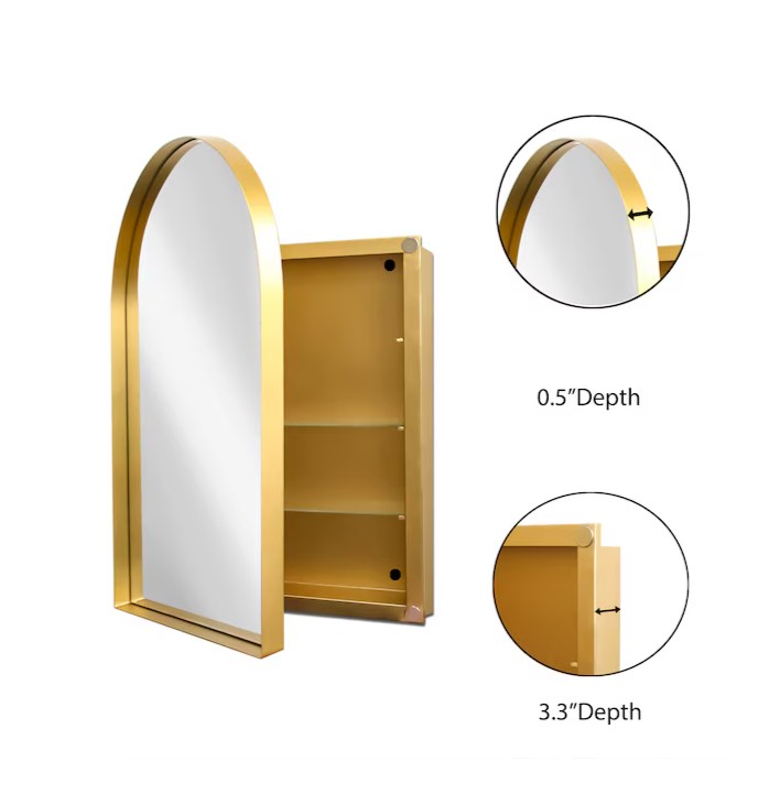 Medicine Cabinets 24-in x 36-in Surface/Recessed Mount Gold Mirrored Arched Medicine Cabinet