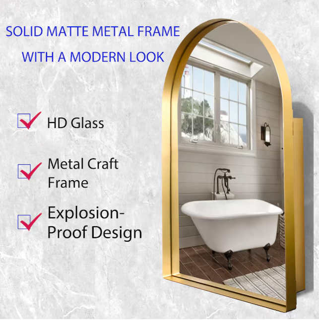 Medicine Cabinets 24-in x 36-in Surface/Recessed Mount Gold Mirrored Arched Medicine Cabinet
