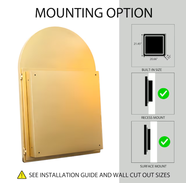 Medicine Cabinets 24-in x 36-in Surface/Recessed Mount Gold Mirrored Arched Medicine Cabinet