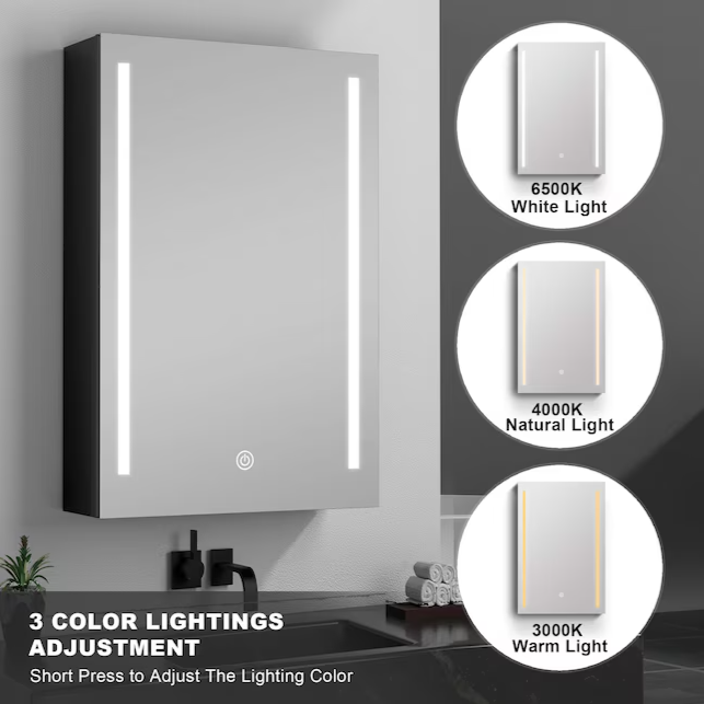 30-in x 20-in LED Fog Free Surface/Recessed Mount Black Mirrored Soft Close Medicine Cabinet