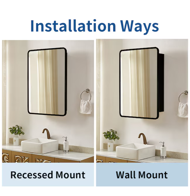 Medicine Cabinet 24-in x 30-in Surface/Recessed Mount Black Mirrored Medicine Cabinet