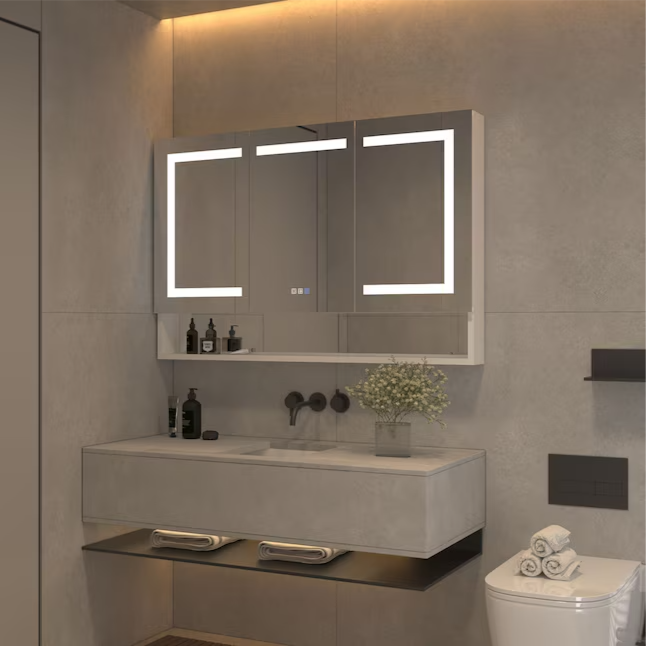Bathroom Medcine Cabinet 48-in x 32-in Lighted LED Fog Free Surface/Recessed Mount Silver Mirrored Soft Close Medicine Cabinet