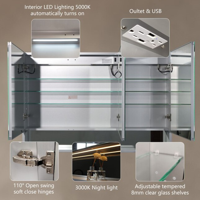 Bathroom Medcine Cabinet 48-in x 32-in Lighted LED Fog Free Surface/Recessed Mount Silver Mirrored Soft Close Medicine Cabinet