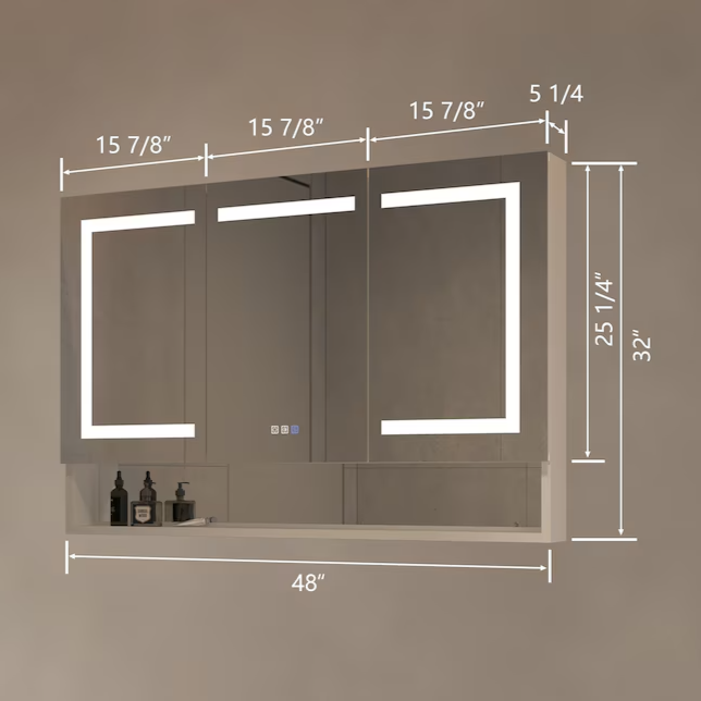 Bathroom Medcine Cabinet 48-in x 32-in Lighted LED Fog Free Surface/Recessed Mount Silver Mirrored Soft Close Medicine Cabinet