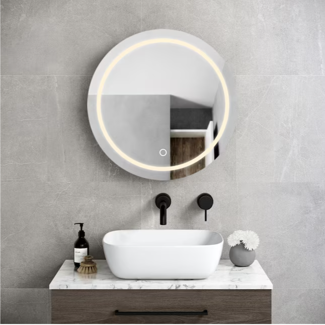 Round Medicine Cabinet 25-in x 26-in Lighted LED Fog Free Surface Mount Silver and Black Mirrored Round Medicine Cabinet