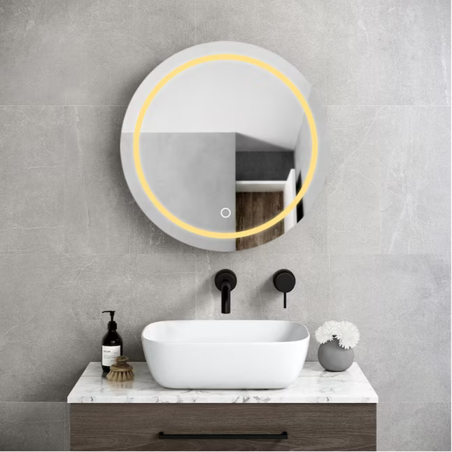 Round Medicine Cabinet 25-in x 26-in Lighted LED Fog Free Surface Mount Silver and Black Mirrored Round Medicine Cabinet