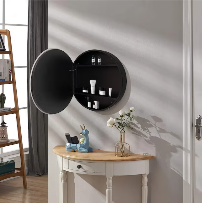 Round Medicine Cabinet 25-in x 26-in Lighted LED Fog Free Surface Mount Silver and Black Mirrored Round Medicine Cabinet