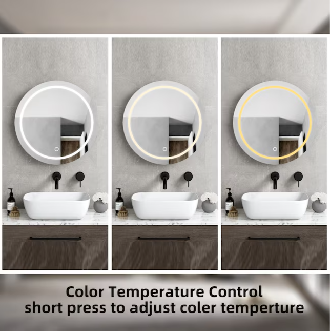 Round Medicine Cabinet 25-in x 26-in Lighted LED Fog Free Surface Mount Silver and Black Mirrored Round Medicine Cabinet