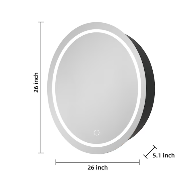 Round Medicine Cabinet 25-in x 26-in Lighted LED Fog Free Surface Mount Silver and Black Mirrored Round Medicine Cabinet