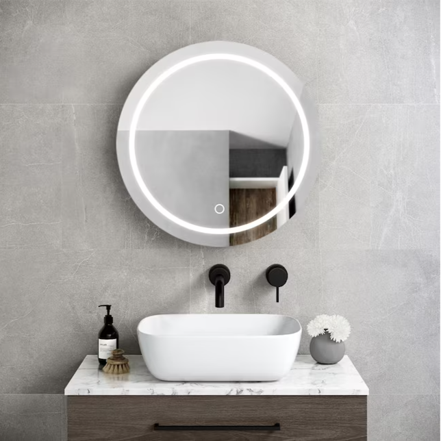 Round Medicine Cabinet 25-in x 26-in Lighted LED Fog Free Surface Mount Silver and Black Mirrored Round Medicine Cabinet