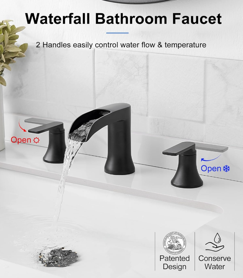 Waterfall Bathroom Sink Faucet, Brass Black Bathroom Faucet, 4-8 Inch 2 Handles Widespread Bathroom Faucets for Sink 3 Hole Vanity Lavatory Farmhouse RV with Pop Up Drain and Supply Hose