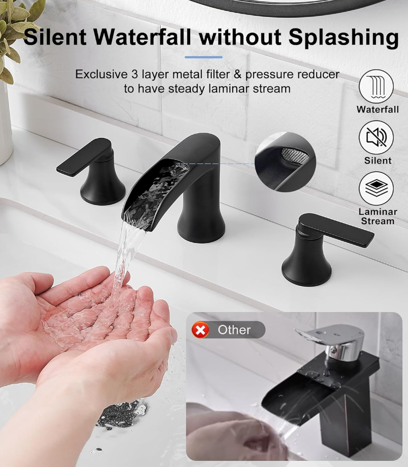 Waterfall Bathroom Sink Faucet, Brass Black Bathroom Faucet, 4-8 Inch 2 Handles Widespread Bathroom Faucets for Sink 3 Hole Vanity Lavatory Farmhouse RV with Pop Up Drain and Supply Hose