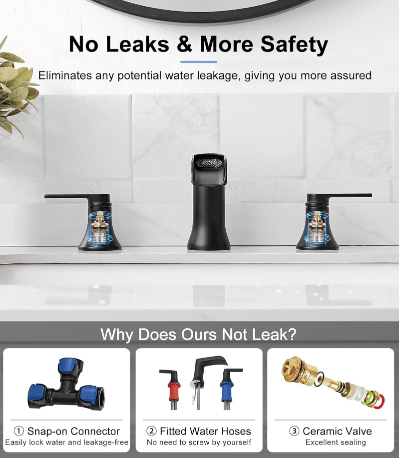 Waterfall Bathroom Sink Faucet, Brass Black Bathroom Faucet, 4-8 Inch 2 Handles Widespread Bathroom Faucets for Sink 3 Hole Vanity Lavatory Farmhouse RV with Pop Up Drain and Supply Hose