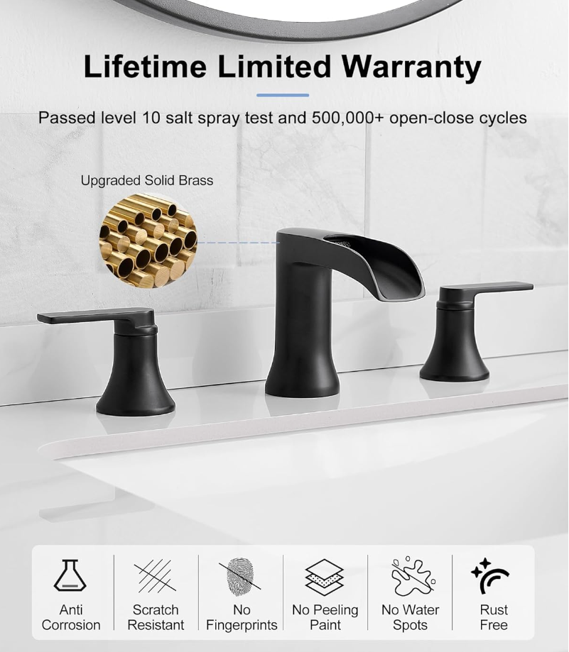 Waterfall Bathroom Sink Faucet, Brass Black Bathroom Faucet, 4-8 Inch 2 Handles Widespread Bathroom Faucets for Sink 3 Hole Vanity Lavatory Farmhouse RV with Pop Up Drain and Supply Hose