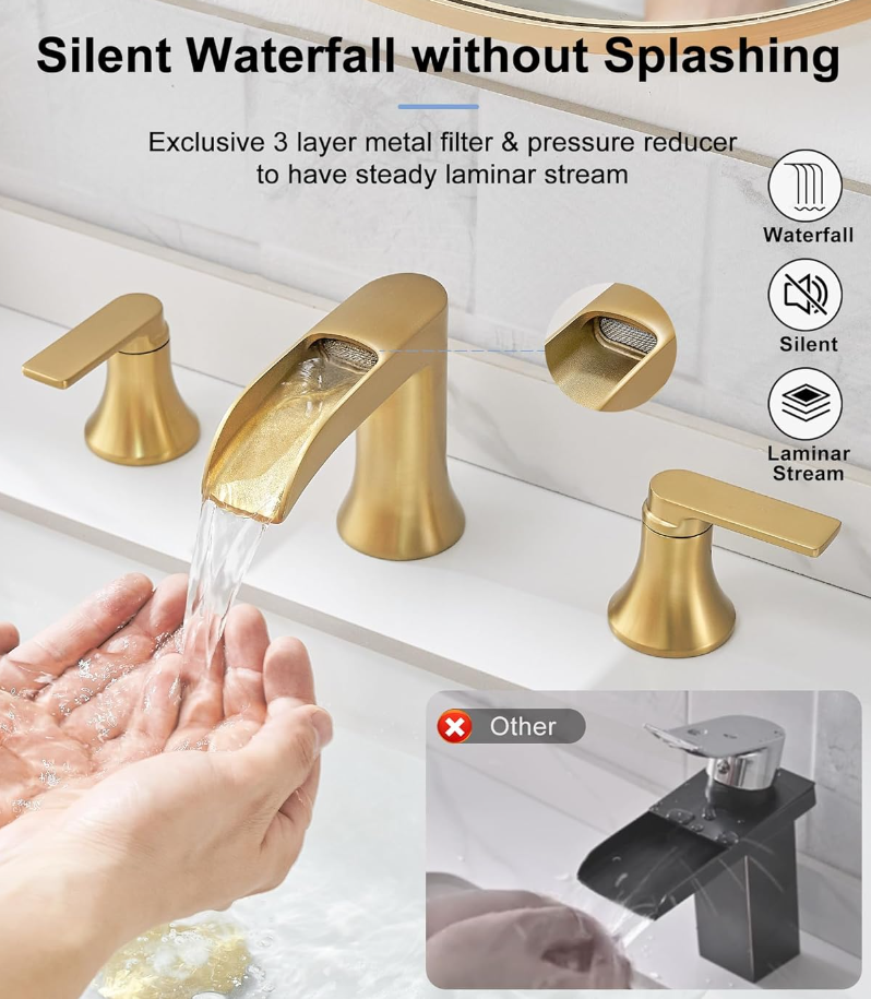 Brushed Gold Bathroom Faucet Waterfall, 4-16 Inch Brass Widespread Faucet for Bathroom Sink 3 Hole, 2 Handle Bathroom Sink Faucets for Modern Farmhouse Hotel with Pop-Up Drain & Supply Hose