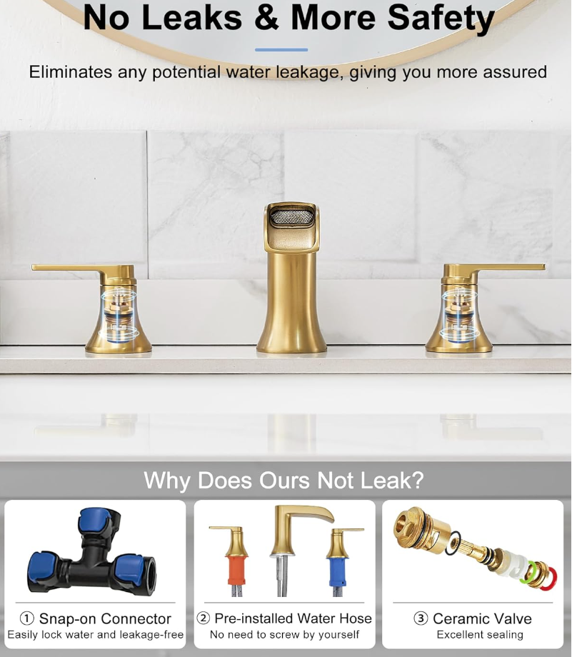 Brushed Gold Bathroom Faucet Waterfall, 4-16 Inch Brass Widespread Faucet for Bathroom Sink 3 Hole, 2 Handle Bathroom Sink Faucets for Modern Farmhouse Hotel with Pop-Up Drain & Supply Hose
