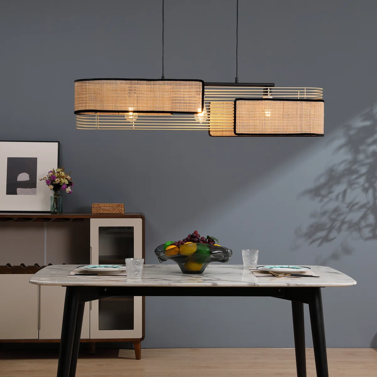 3 - Light boho Kitchen Island Rectangle Pendant with Bamboo Wood Accents