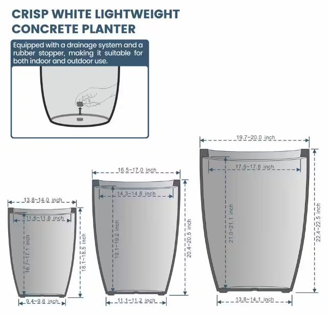 14" x 17" x 20" Dia Crisp White Extra Large Tall Round Concrete Plant Pot/Planter for Indoor and Outdoor Set of 3