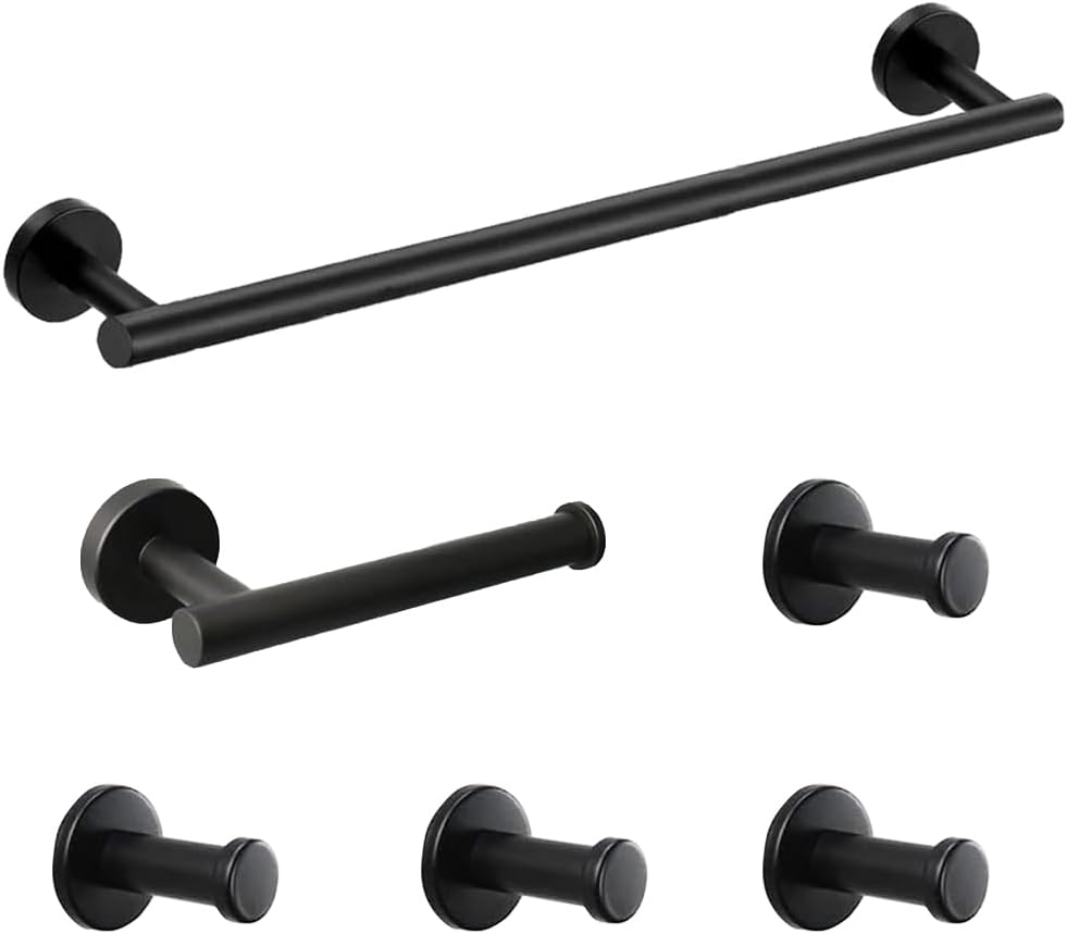 6 Pcs Bathroom Hardware Set 304 Stainless Steel-Towel Rack Set Include Hand Towel Bar+Toilet Paper Holder+4 Robe Towel Hooks Bathroom Accessory Towel Bar Set (Black, 16IN)