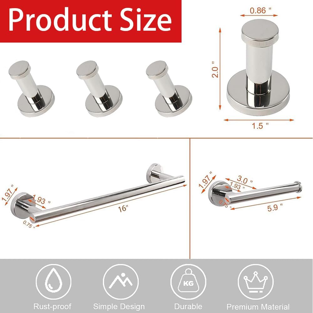 6 Pieces Bathroom Hardware Set 304 Stainless Steel-Towel Rack Set Include Hand Towel Bar+Toilet Paper Holder+4 Robe Towel Hooks Bathroom Accessory Towel Bar Set (16IN, Chrome)