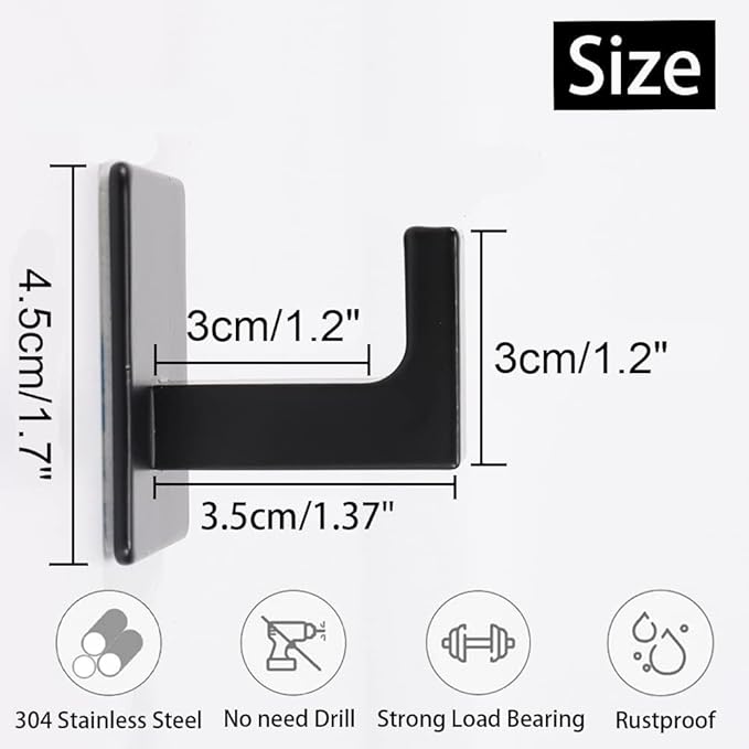 Bathroom Towel Hooks, 2 Pack Self Adhesive Square Coat Hooks, Sturdy No Drilling Robe Hook, Stainless Steel Heavy Duty Clothes Hanger, Wall Hooks for Bathroom Bedroom Kitchen(Black, 2 in)