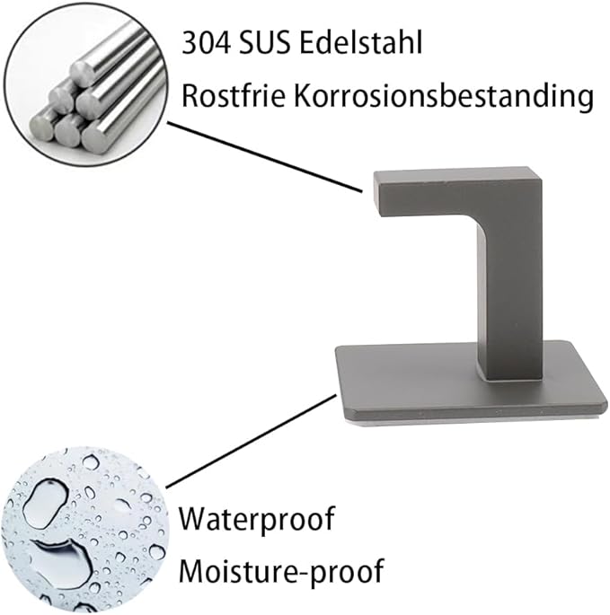 Bath Towel Hooks, 4 Pack Self Adhesive Square Coat Hooks, Sturdy No Drilling Robe Hook, Stainless Steel Heavy Duty Clothes Hanger, Wall Hooks for Bathroom Bedroom Kitchen (2 in, Grey)