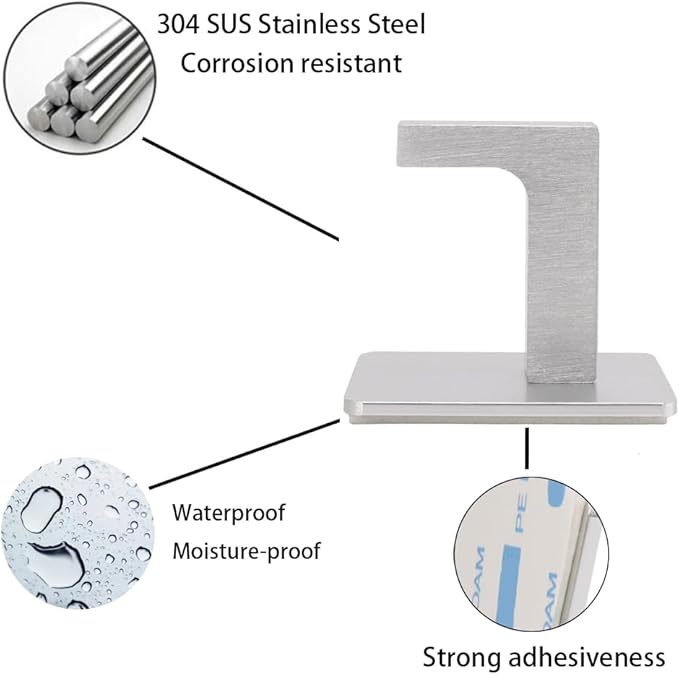 Bath Towel Hooks, 6 Pack Self Adhesive Square Coat Hooks, Sturdy No Drilling Robe Hook, Stainless Steel Heavy Duty Clothes Hanger, Wall Hooks for Bathroom Bedroom Kitchen (2 in, Silver)
