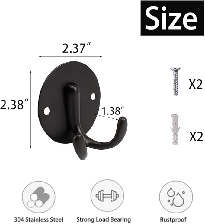 Bath Towel Hooks, 10 Pack Double Strong Coat Hooks, Sturdy Wall Mounted Robe Hook, SUS 304 Stainless Steel Heavy Duty Towel Hanger, Wall Hooks for Bathroom Bedroom Kitchen (3 in, Black)