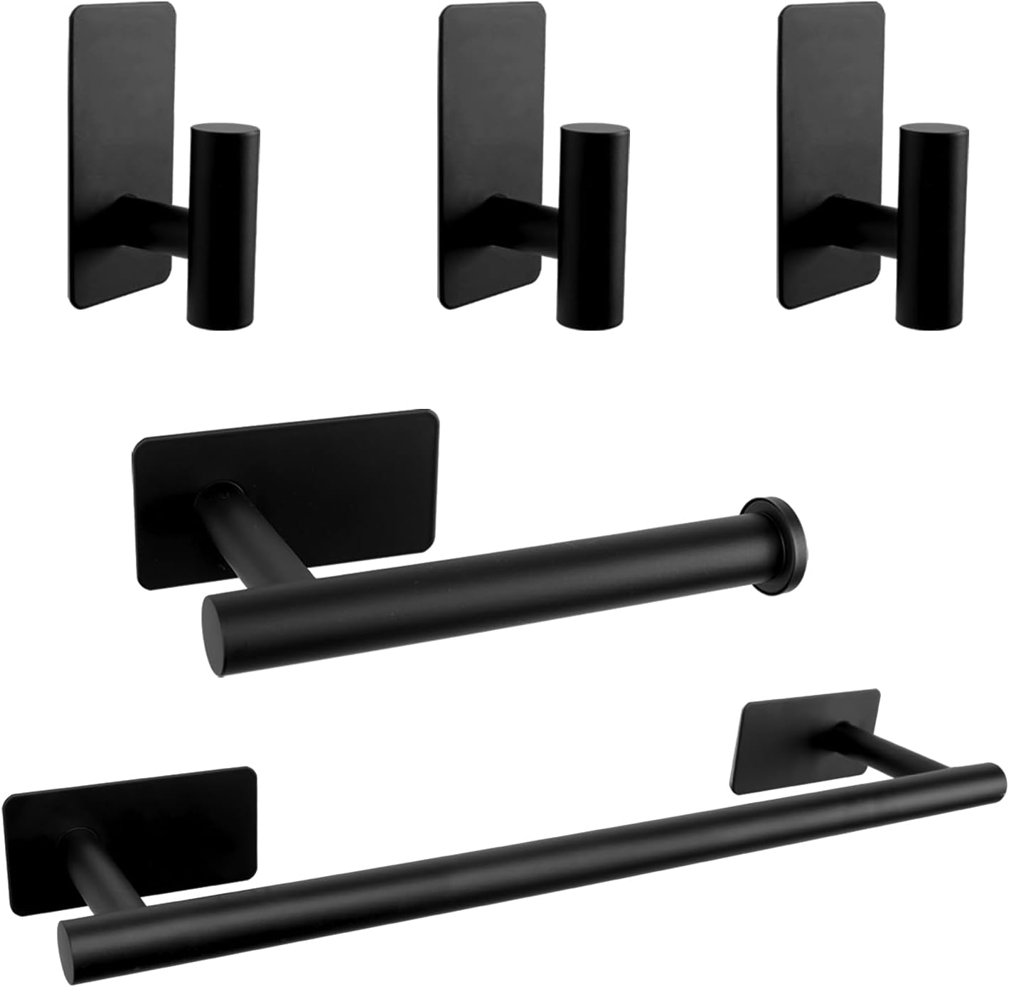 5 PCS Self Adhesive Bathroom Hardware Set, Stainless Steel Towel Rack Set Include 16In Bath Towel Bar+Toilet Paper Holder+3 Towel/Robe Hooks No Drill Bathroom Accessory Kit(Matte Black)