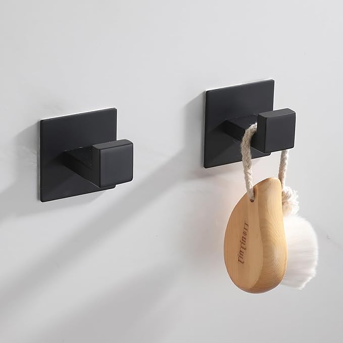 Bathroom Towel Hooks, 2 Pack Self Adhesive Square Coat Hooks, Sturdy No Drilling Robe Hook, Stainless Steel Heavy Duty Clothes Hanger, Wall Hooks for Bathroom Bedroom Kitchen(Black, 2 in)
