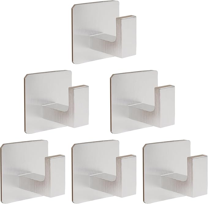 Bath Towel Hooks, 6 Pack Self Adhesive Square Coat Hooks, Sturdy No Drilling Robe Hook, Stainless Steel Heavy Duty Clothes Hanger, Wall Hooks for Bathroom Bedroom Kitchen (2 in, Silver)
