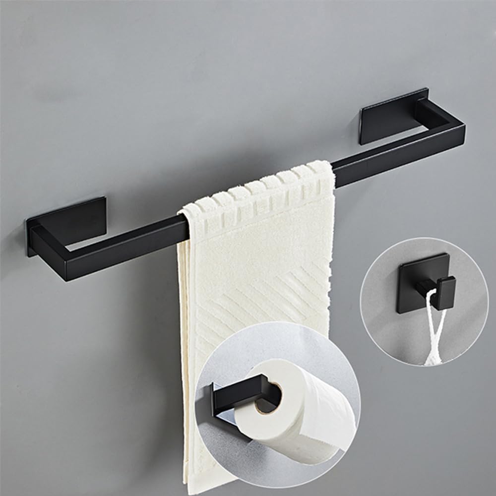 5 Pieces Self Adhesive Bathroom Hardware Set-SUS304 Stainless Steel-Towel Rack Set Include 24″Towel Bar+Toilet Paper Holder+3 Towel/Robe Hooks Bathroom Accessory Towel Bar Set (Black, 24 in)