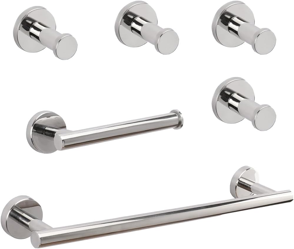 6 Pieces Bathroom Hardware Set 304 Stainless Steel-Towel Rack Set Include Hand Towel Bar+Toilet Paper Holder+4 Robe Towel Hooks Bathroom Accessory Towel Bar Set (16IN, Chrome)
