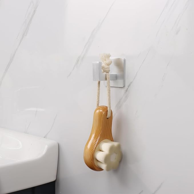 Bath Towel Hooks, 6 Pack Self Adhesive Square Coat Hooks, Sturdy No Drilling Robe Hook, Stainless Steel Heavy Duty Clothes Hanger, Wall Hooks for Bathroom Bedroom Kitchen (2 in, Silver)