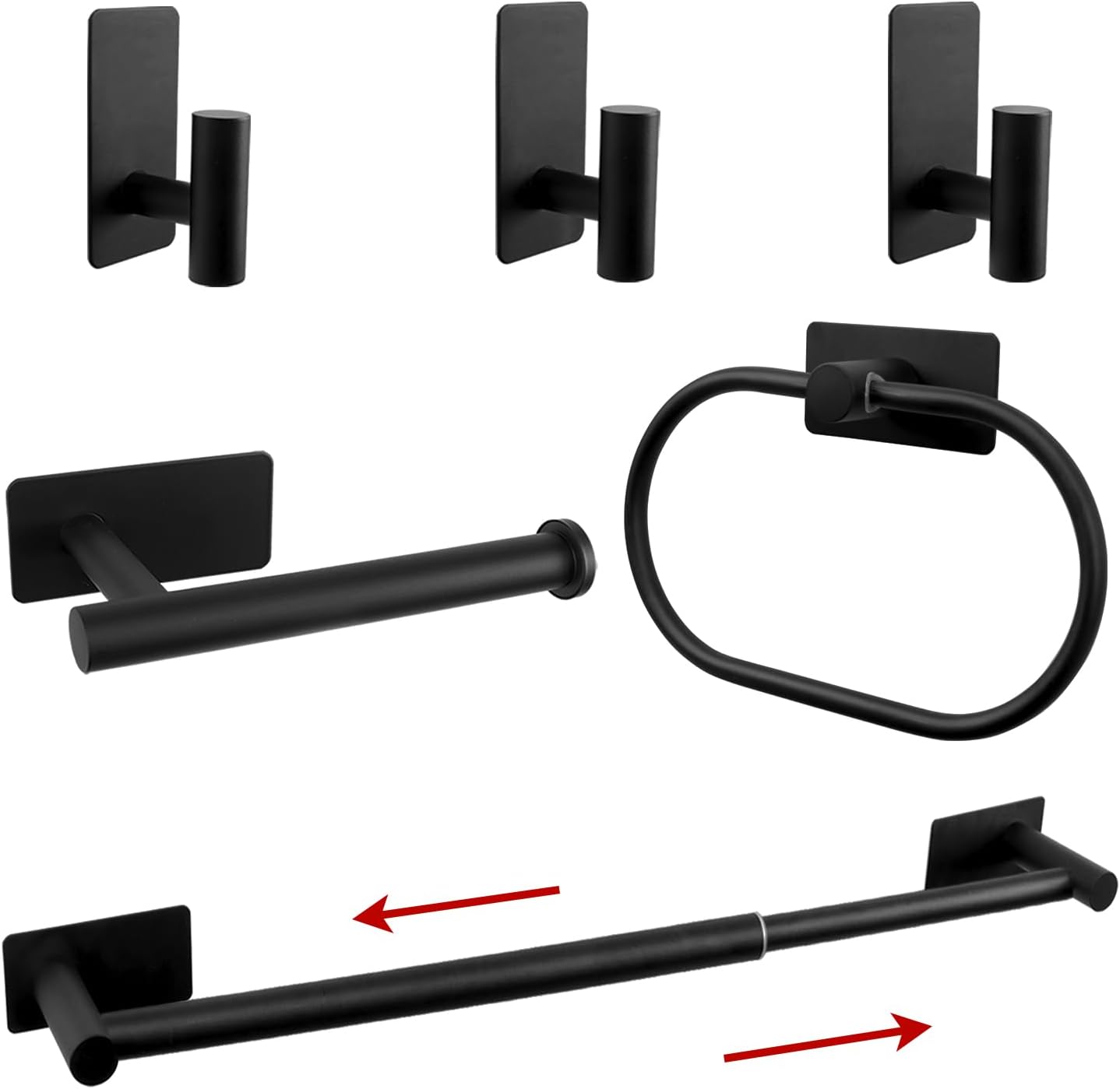 6 PCS Self Adhesive Bathroom Hardware Set, Stainless Steel Towel Rack Set - Adjustable 24In Bath Towel Bar+Toilet Paper Holder+3 Towel Hooks+Towel Ring Bathroom Accessory Kit(Matte Black)