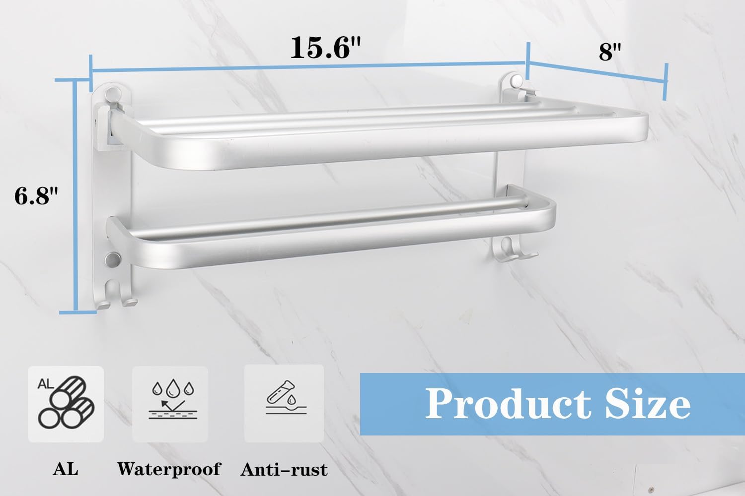 Bath Towel Holder with Double Towel Bar and Fold-able Towel Shelf, Rustproof Towel Organizer Wall Mounted Towel Storage Hanger (16In Sliver)