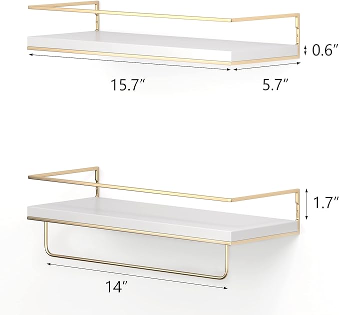 White Floating Shelves - Set of 2, Wall Mounted Hanging Shelves with Golden Towel Rack, Decorative Storage Shelves